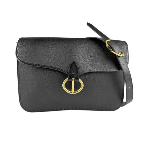 Auth Christian Dior Shoulder Bag Black Leather/Goldtone